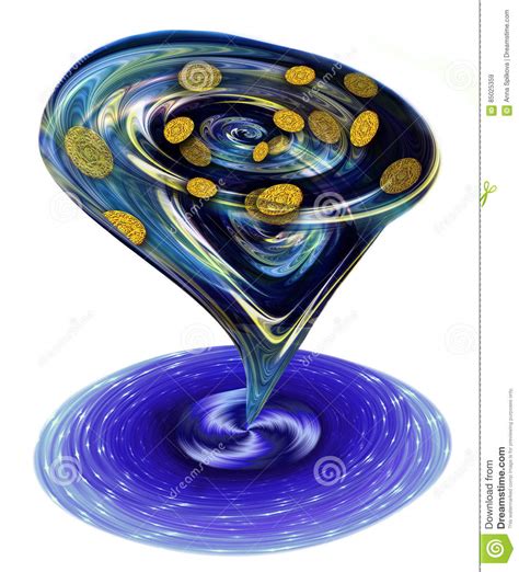 Swirling Money Sinking Water Vortex Eating Coins Splashing Stream Of Coins In Flow Of Blue Water