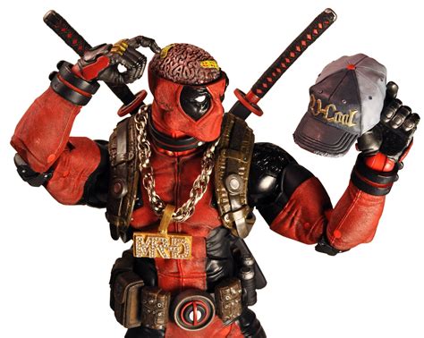 A Deadpool Action Figure Holding Two Knives And A Helmet With Chains On
