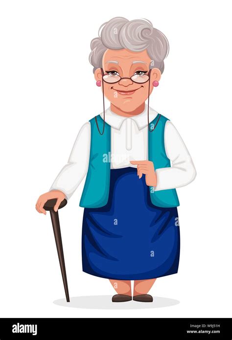 feliz día de los abuelos abuela alegre personaje de caricatura stands con bastón ilustración