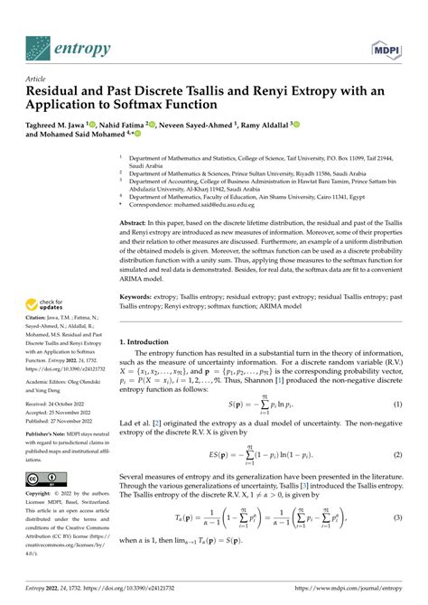 Pdf Residual And Past Discrete Tsallis And Renyi Extropy With An Application To Softmax Function
