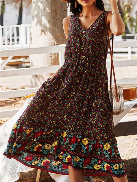 Bohemia Floral Print V Neck Button Sleeveless Patchwork Midi Dress