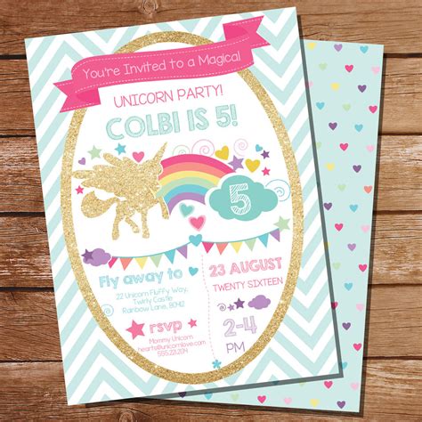 Glitter Unicorn Birthday Party Invitation For A Girl Rainbow Unicorn