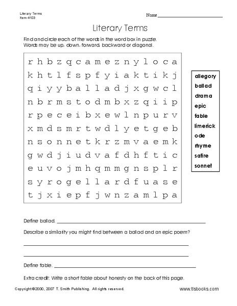 Literary Terms Worksheet For 7th 8th Grade Lesson Planet