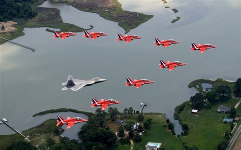 F22 And Red Arrows Full Hd Desktop Wallpapers 1080p