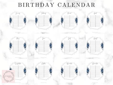 Printable Birthday Calendar Annual Calendar Pink Floral Etsy