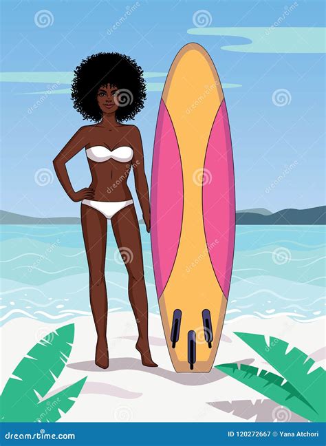 Vector Colorful Illustration Of A Beautiful Girl With A Surfboard On The Beach Stock