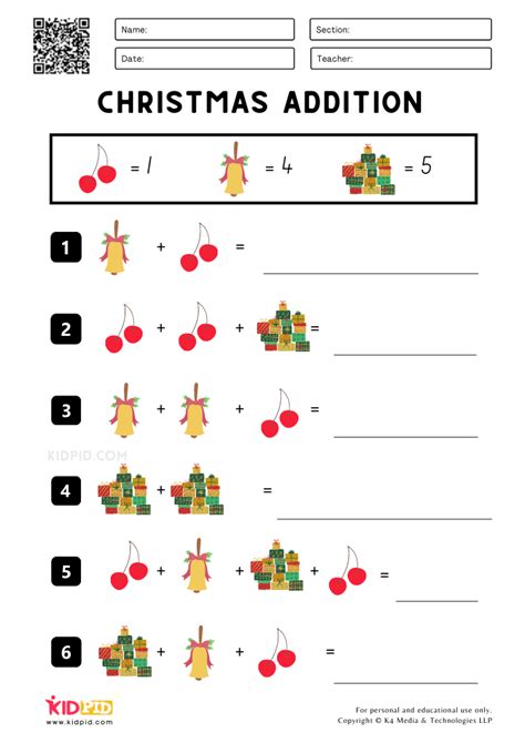 Christmas Addition Printable Worksheets For Grade 1 Kidpid