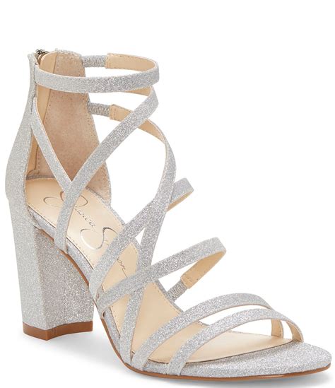 jessica simpson stassey glitter strappy block heel sandals dillard s silver strappy heels