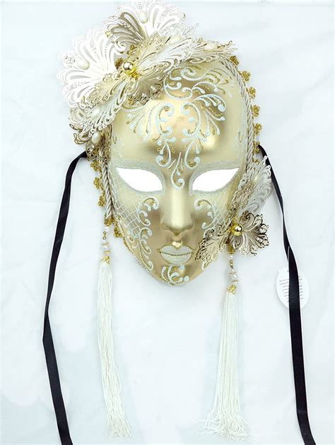 Womens Beatiful Venetian Masquerade Mask Full Facewhite And Gold At