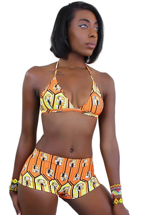 African Print Swimwear 2 Pieces Bikini Orange Yellow Afrilege