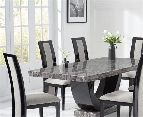 Raphael 200cm Dark Grey Pedestal Marble Dining Table With Raphael Chairs