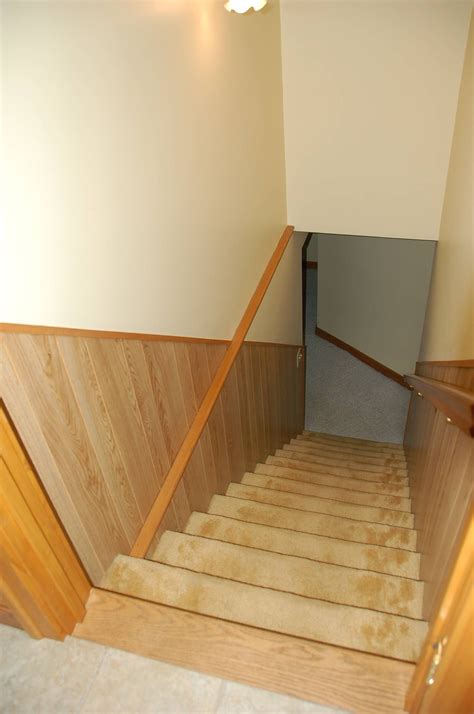 Stairs To Lower Level Remove Fake Wood Panelling And Install Tongue