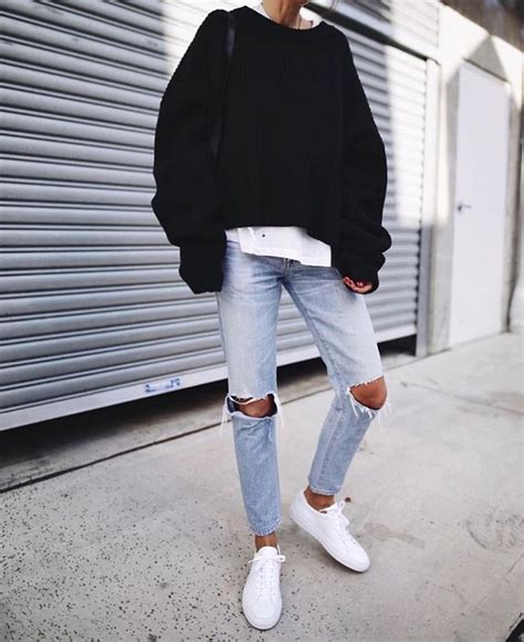 Oversized Black Sweatshirt White Undershirt Ripped Jeans White