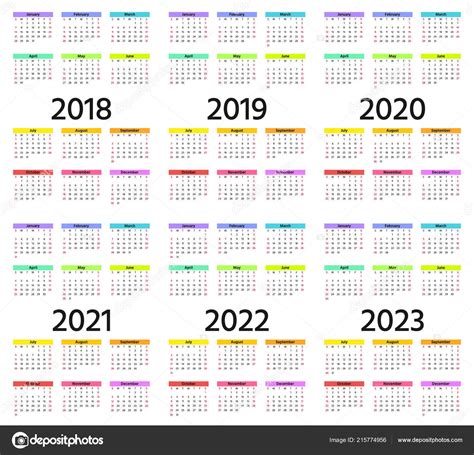 Calendar 2018 2019 2020 2021 2022 2023 Year Week Starts — Stock Vector