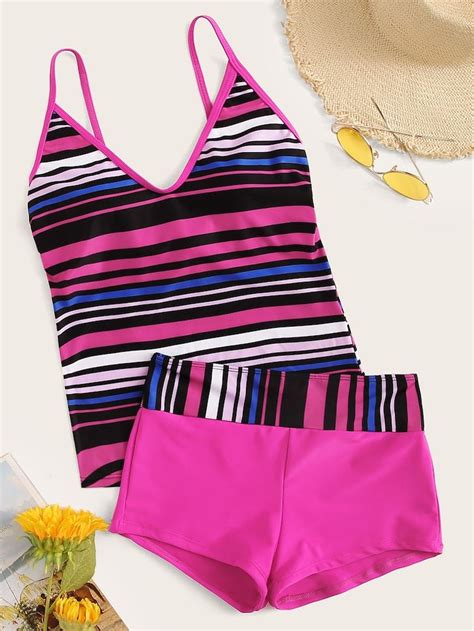 Striped Contrast Piping Top With Shorts Tankini Set Shein Tankini