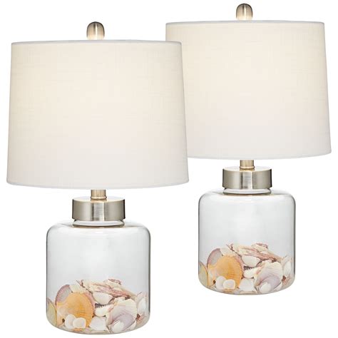 360 Lighting Coastal Accent Table Lamps Set Of 2 Small Clear Glass Fillable Shells White Drum