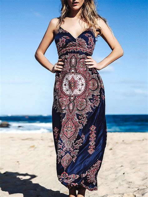 deep blue one size fit size xs to m bohemian ethnic style floral printed spaghetti strap