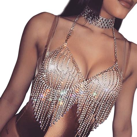 Shiny Rhinestone Bra Chain Jewelry Silver Body Chain Sequins Bra Bikini