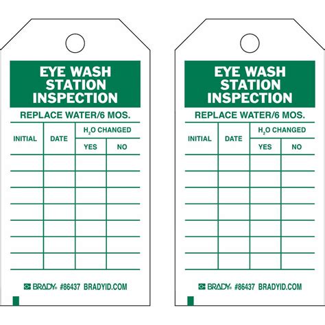 Eyewash station tags provide employees with instructions and information in areas where its most needed. Brady Part: 86437 | Inspection / Material Control Tags: EYEWASH STATION INSPECTION: REPLACE ...