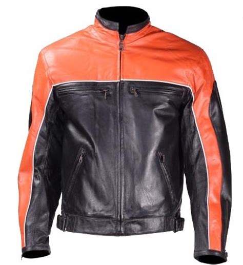 They embody the classic appeal of leather jackets in an unconventional bright hue. Black and Orange Vented Leather Motorcycle Jacket
