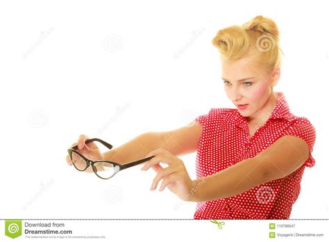 Blonde Pin Up Girl Holding Retro Glasses Stock Image Image Of