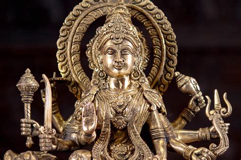 Brass Hindu Goddess Durga Statue Seated On Her Vehicle A Lion With 8