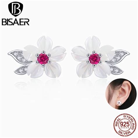 BISAER Flower Stud Earrings Sterling Silver Blooming Shell Orchid Earring For Women Party