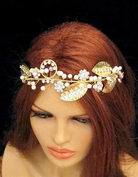 Rhinestone Pearl Gold Leaf Headband Bridal Tiara Greek Inspired Grecian
