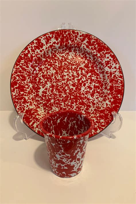 Red Marble Plate Splatterware Enamel Cup Set Crow Canyon Etsy