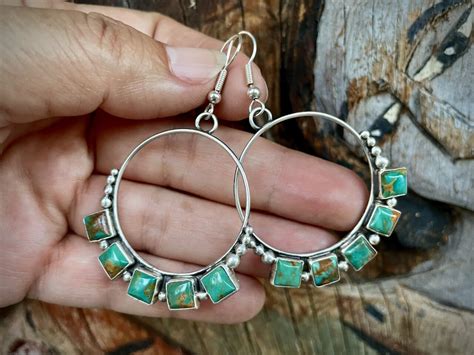 Medium Sized Hoops Turquoise Earrings By Navajo Annie Hoskie Native
