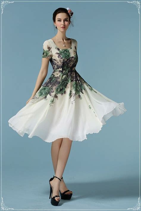 Flower Print Short Sleeve Knee Length Chiffon Dress Dresses Chiffon Dress First Date Dress