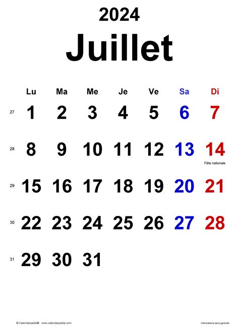Calendrier Juillet 2024 Excel Word Et Pdf Calendarpedia