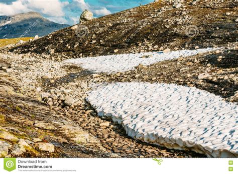 Beautiful Landscape Of Norwegian Mountains Summer Snow Stock Photo