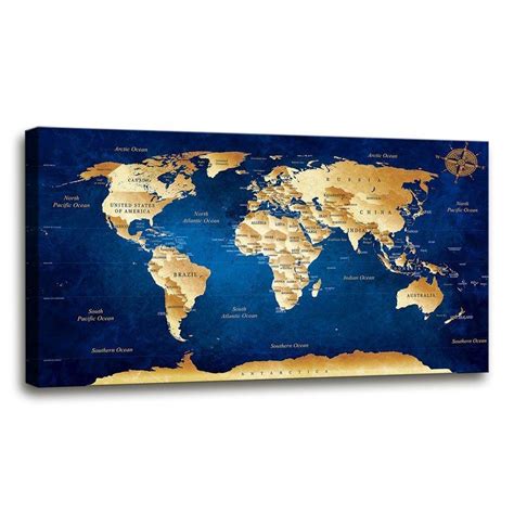 Wall Art Blue Map Of The World Painting Ready To Hang 20 X 40 Pieces