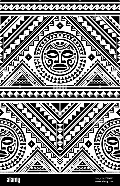 Polynesian Seamless Geometric Vector Pattern With Maori Face Mandala