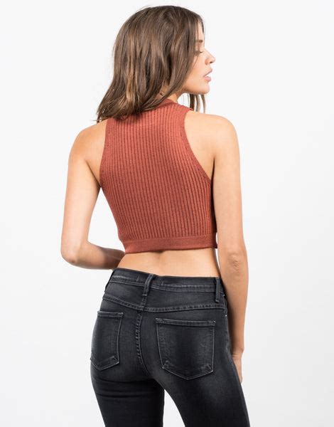 Ribbed Mock Neck Cropped Top Brick Tank Crop Top Womens Tops