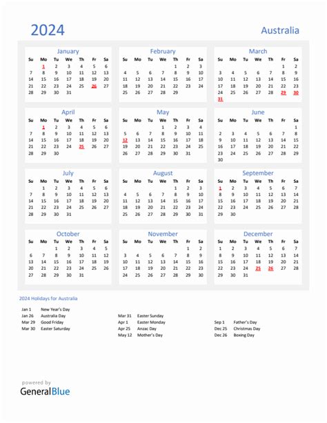 2024 Australia Calendar With Holidays