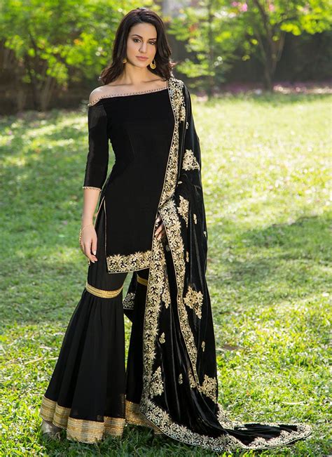 Black Velvet Sharara Suit With Embroidered Shawl Dupatta Designer