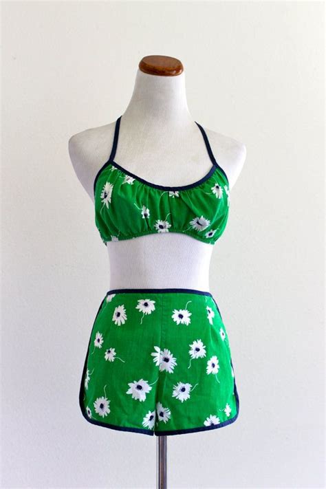 green mod cotton floral halter bikini playsuit shorts poppy by etsy bikinis halter bikini