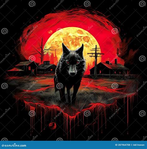 A Wolf With A Red Moon Behind It Illustration Painting Stock