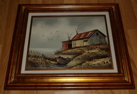 Everett Woodson Signed Original Oil Painting Boat And Barn On The Ocean