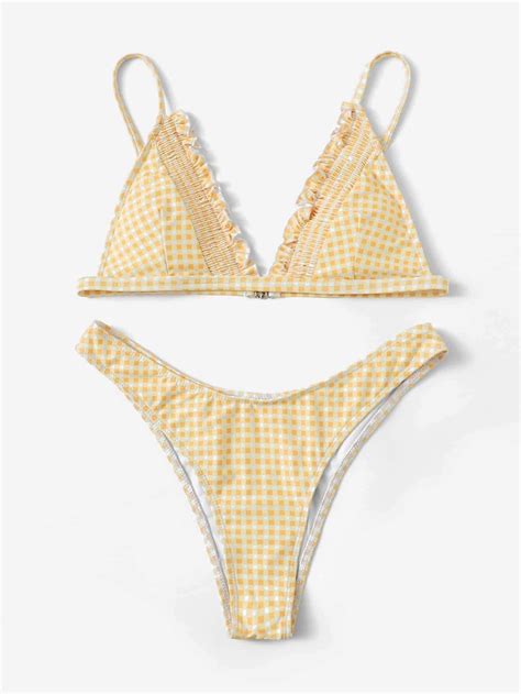 Yellow Gingham Swimsuit Shirr Frill Cami Top With High Leg Bikini