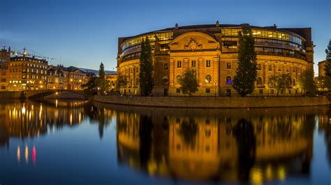 Pictures Stockholm Sweden Bridge Reflected River Evening 1920x1080