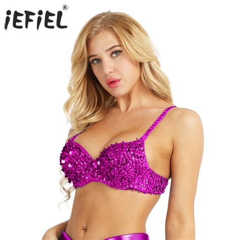 Iefiel Sexy Women Fashion Sequins Beading Padded Bra Top For Raves Dances Night Clubwear Belly