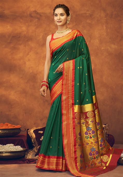 Silk Paithani Saree With Blouse In Green Colour 42005