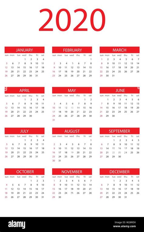 Simple 2020 Year Calendar Week Starts On Sunday Stock