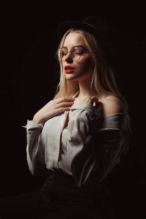 Beautiful Girl Glasses Posing Studio Stock Photos Free