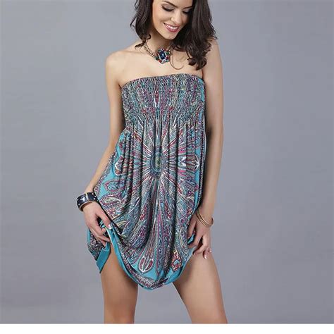 Radiate Print Strapless Vestidos Waist Elastic Bust Swing Pleated Dress Ethnic Summer Dress