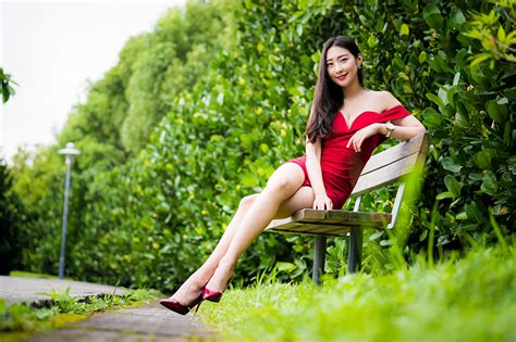 images smile bokeh female legs asiatic sit bench dress