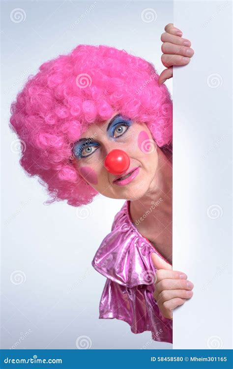Female Clown Peeking Out From Behind Poster Paper Stock Photo Image